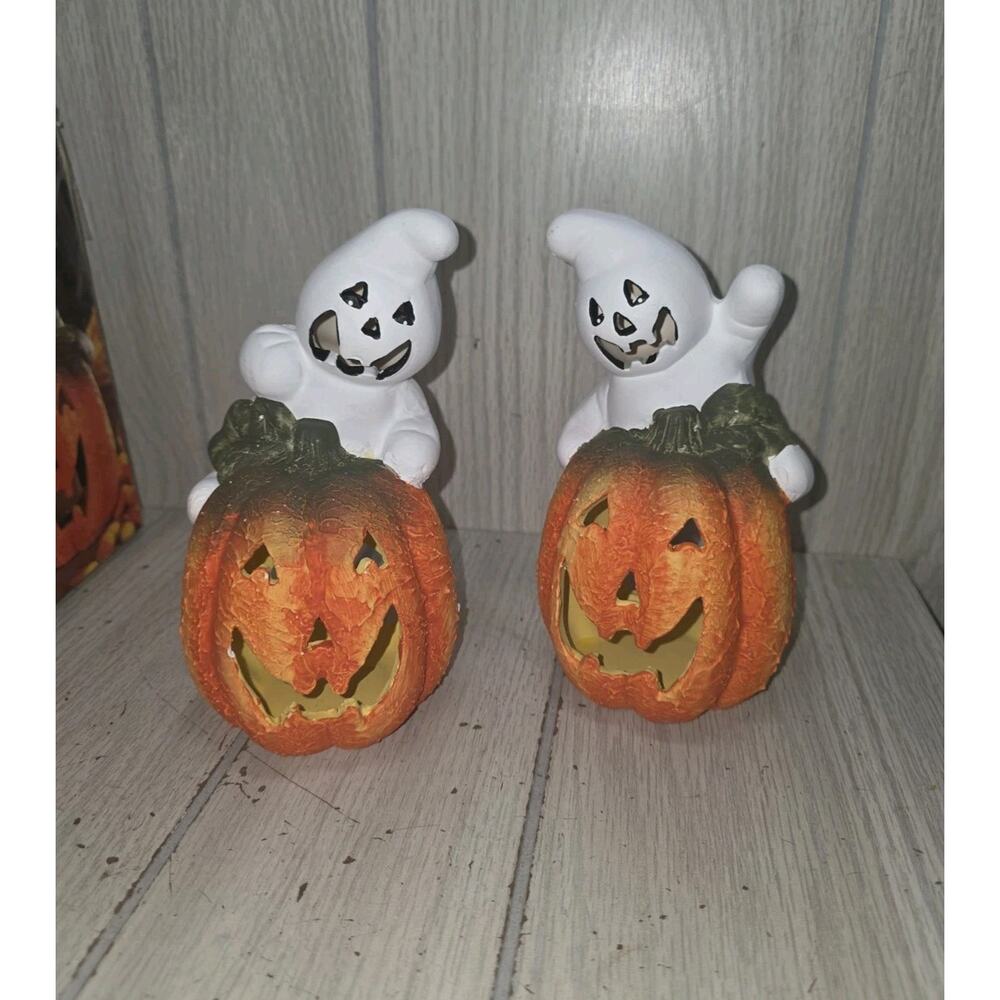 Alco Set of 2 Hand Painted Ceramic GHOST JACK O LANTERN Candle Holders NIB